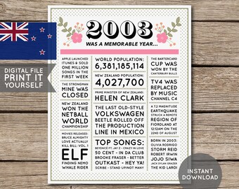 NZ - 21st Birthday Poster, 2003 Poster, Newspaper, 21 Years Ago, 21st Birthday Gift, Floral, Flowers, Digital Printable File