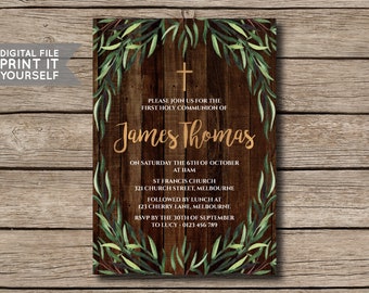 Printable Baptism Christening First Holy Communion Confirmation Invitation Invite - Leaves on Wood Background - Gold - DIY
