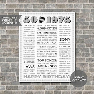 50th Birthday Poster, 50th Newspaper Poster, 50th Birthday Sign, 1975 Poster, 1975 Facts, Back in 1975, PRINTABLE - DIGITAL FILE