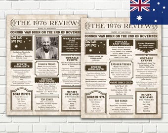 Può includere: Stampa digitale di un design in stile giornale intitolato "The 1976 Review" con la bandiera australiana. Il design include una foto, titoli e testo su eventi, moda e cultura popolare del 1976. Il testo include "Connor was born on the 2nd of November".