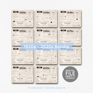 May include: A bundle of digital prints featuring a decade-by-decade review from the 1920s to the 2020s. Each print has a vintage newspaper design with headlines and text. The prints are in a square arrangement with the text "1920s - 2020s Bundle".