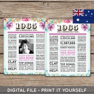 Póster de cumpleaños número 60 personalizado, 1965, póster, periódico, hace 60 años, regalo de cumpleaños número 60, floral, archivo imprimible digital