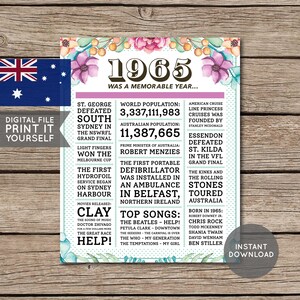 Australian - 60th Birthday Poster, 1965 Poster, Newspaper, 60 Years Ago, 60th Birthday Gift, Floral, Flowers, Digital Printable File