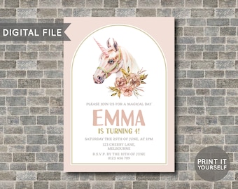 Unicorn Invitation - Watercolour Unicorn Invite - Unicorn Birthday Invitation - DIY - Print It Yourself - DIGITAL FILE