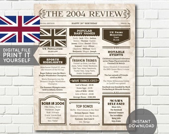 UK - 20th Birthday Newspaper Poster, 2004 Newspaper Poster, 20 Years Ago, 20th Birthday Gift - Digital Printable File