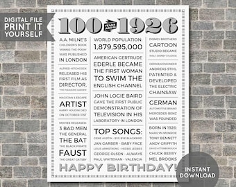 100th Birthday Poster, 100th Newspaper Poster, 100th Birthday Sign, 1926 Poster, 1926 Facts, Back in 1926, PRINTABLE - DIGITAL FILE