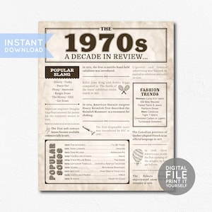 Resumen de la década de 1970 imprimible / Póster de trivia de los 70 / Decoración de fiesta de los 70 / Letrero histórico vintage / Descarga instantánea en formato JPG