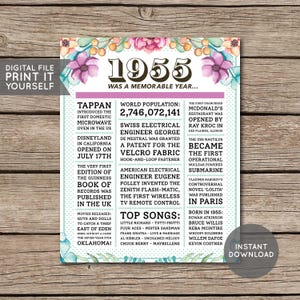 70er Geburtstag Poster, 70er Zeitungsposter, 70er Geburtstag Schild, 1955 Poster, 1955 Fakten, Zurück in 1955, PRINTABLE - DIGITAL DATEI