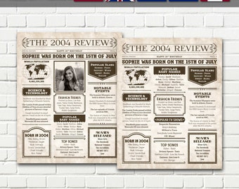 20th Birthday Newspaper Poster, 2004 Newspaper Poster, 20 Years Ago, 20th Birthday Gift - Digital Printable File