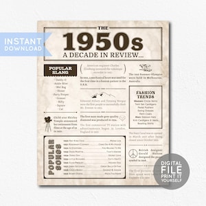 1950s Decade in Review Printable - 50s Trivia Poster - Party Decor - Instant Download Sign