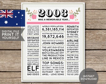 Australian - 21st Birthday Poster, 2003 Poster, Newspaper, 21 Years Ago, 21st Birthday Gift, Floral, Flowers, Digital Printable File