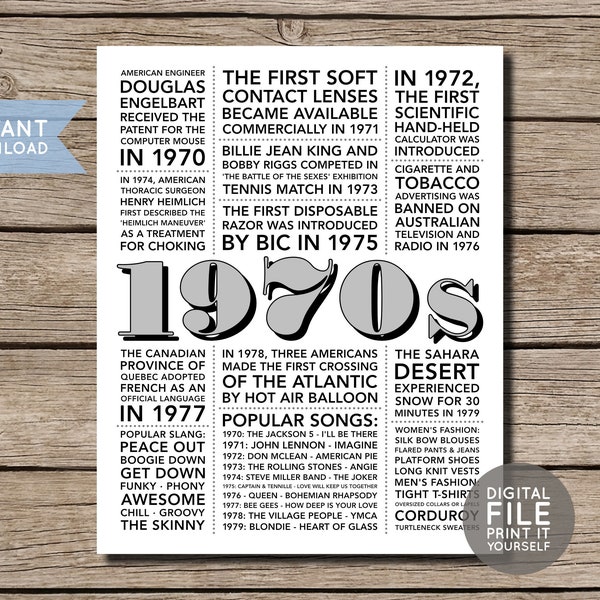 1970s in Review | Back to the 70s Printable | 70s Decade Party Decoration | Seventies Party | Trivia Poster Sign | DIY INSTANT DOWNLOAD