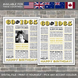 60th Birthday Poster, 60th Newspaper Poster, 60th Birthday Sign, 1965 Poster, 1965 Facts, Back in 1965, PRINTABLE - DIGITAL FILE