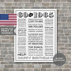 USA - 60th Birthday Poster, 1965 Poster, 1965 Birthday, Newspaper, 60 Years Ago, 60th Birthday Gift, Digital Printable File