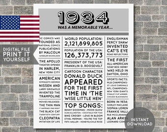 USA - 90th Birthday Poster, 1934 Poster, 1934 Birthday, Newspaper, 90 Years Ago, 90th Birthday Gift, Digital Printable File