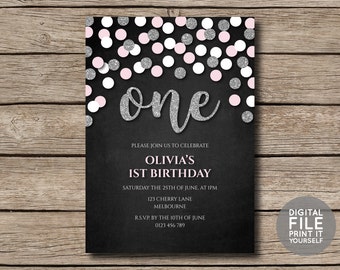 DIGITAL FILE - DIY Printable Silver Glitter Confetti Children's First / 1st Birthday Party Invites / Invitations