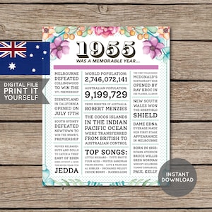 Australisch - 70er Jahre Geburtstag Poster, 1955 Poster, Zeitung, vor 70 Jahren, 70er Jahre Geburtstagsgeschenk, Floral, Blumen, Digital Druckbare Datei