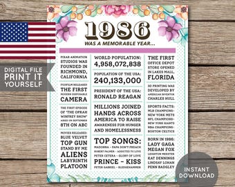 USA - 40th Birthday Poster, 1986 Poster, Newspaper, 40 Years Ago, 40th Birthday Gift, Floral, Flowers, Digital Printable File