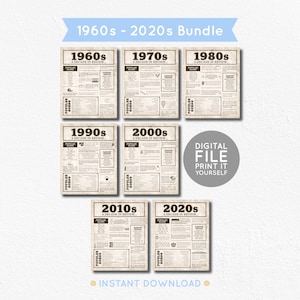 60年を振り返る：1960年代から2020年代 | 年代別 | 誕生日パーティーのデコレーションと豆知識 | 新聞スタイル - 印刷可能なPDF | すぐにダウンロード