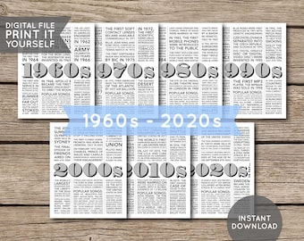 1960s to 2020s | 60 Years Decades in Review | Birthday Party Decor | Trivia History Facts - Printable PDF | INSTANT DOWNLOAD