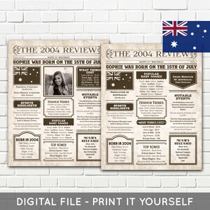 Australian - 21st Birthday Newspaper Poster, 2004 Newspaper Poster, 21 Years Ago, 21st Birthday Gift - DIGITAL PRINTABLE FILE