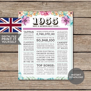 UK - 70.Geburtstag Poster, 1955 Poster, Zeitung, vor 70 Jahren, 70.Geburtstag Geschenk, Floral, Blumen, Digital Druckbare Datei
