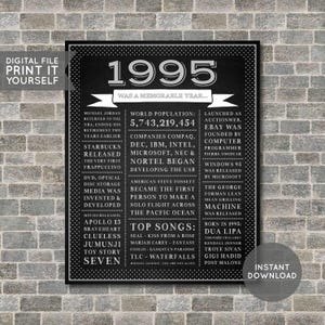 30th Birthday Poster, 30th Chalkboard Poster, 30th Birthday Sign, 1995 Poster, 1995 Facts, Back in 1995, PRINTABLE - DIGITAL FILE