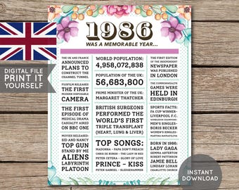 UK - 40th Birthday Poster, 1986 Poster, Newspaper, 40 Years Ago, 40th Birthday Gift, Floral, Flowers, Digital Printable File