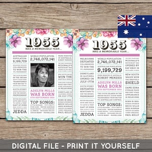 Australiano - Póster personalizado del 70.º cumpleaños, 1955, póster, periódico, hace 70 años, regalo del 70.º cumpleaños, floral, archivo imprimible digital