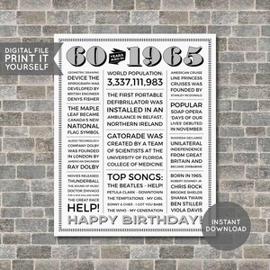 60th Birthday Poster, 60th Newspaper Poster, 60th Birthday Sign, 1965 Poster, 1965 Facts, Back in 1965, PRINTABLE - DIGITAL FILE