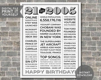 21st Birthday Poster, 21st Newspaper Poster, 21st Birthday Sign, 2005 Poster, 2005 Facts, Back in 2005, PRINTABLE - DIGITAL FILE