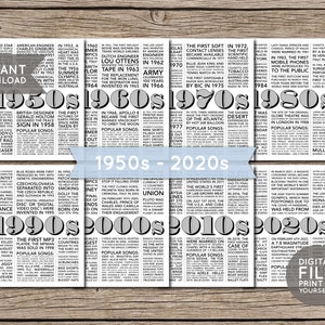1950s to 2020s 70 Years Decades in Review Birthday Party Decor Trivia History Facts Printable PDF INSTANT DOWNLOAD image 1