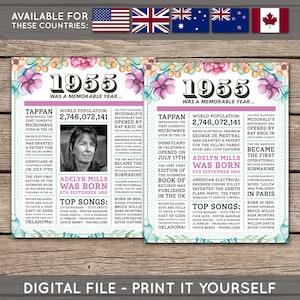 70er Geburtstag Poster, 70er Zeitungsposter, 70er Geburtstag Schild, 1955 Poster, 1955 Fakten, Zurück in 1955, PRINTABLE - DIGITAL DATEI