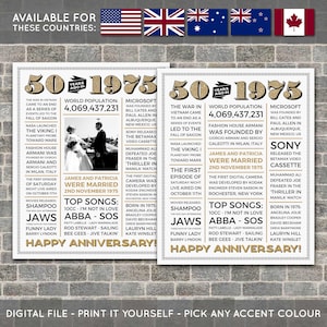50th Anniversary Poster, 50th Anniversary Gift, 50th Anniversary Sign, 1975 Facts, Back in 1975, PRINTABLE - DIGITAL FILE