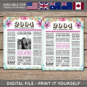 21st Birthday Poster, 21st Newspaper Poster, 21st Birthday Sign, 2004 Poster, 2004 Facts, Back in 2004, PRINTABLE - DIGITAL FILE