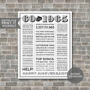 60th Anniversary Poster, 60th Anniversary Gift, 60th Anniversary Sign, 1965 Facts, Back in 1965, PRINTABLE - DIGITAL FILE