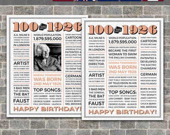 100th Birthday Poster, 100th Newspaper Poster, 100th Birthday Sign, 1926 Poster, 1926 Facts, Back in 1926, PRINTABLE - DIGITAL FILE