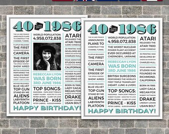 40th Birthday Poster, 40th Newspaper Poster, 40th Birthday Sign, 1986 Poster, 1986 Facts, Back in 1986, PRINTABLE - DIGITAL FILE