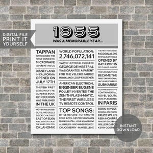 70er Geburtstag Poster, 70er Zeitungsposter, 70er Geburtstag Schild, 1955 Poster, 1955 Fakten, Zurück in 1955, PRINTABLE - DIGITAL DATEI