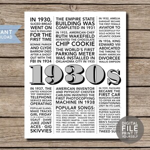 1930s in Review | Back to the 30s Printable | 30s Decade Party Decoration | Thirties Party | Trivia Poster Sign | DIY INSTANT DOWNLOAD