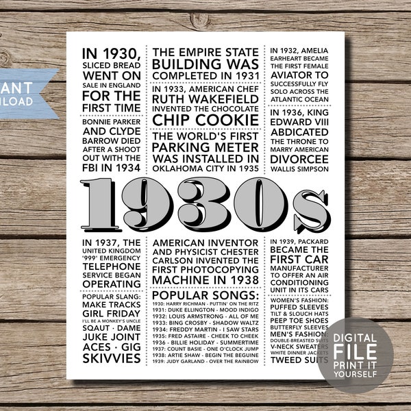 1930s in Review | Back to the 30s Printable | 30s Decade Party Decoration | Thirties Party | Trivia Poster Sign | DIY INSTANT DOWNLOAD