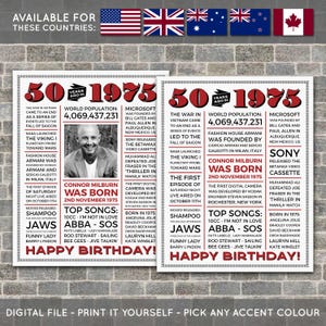 50th Birthday Poster, 50th Newspaper Poster, 50th Birthday Sign, 1975 Poster, 1975 Facts, Back in 1975, PRINTABLE - DIGITAL FILE