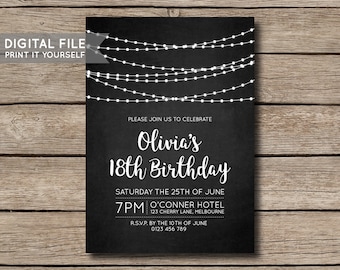 DIY Fairy Lights Chalkboard Birthday Party Invitation, Invite, 18th, 21st, 30th, 40th, 50th, Milestone - DIGITAL FILE - Print it yourself