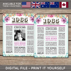 60th Birthday Poster, 60th Newspaper Poster, 60th Birthday Sign, 1965 Poster, 1965 Facts, Back in 1965, PRINTABLE - DIGITAL FILE