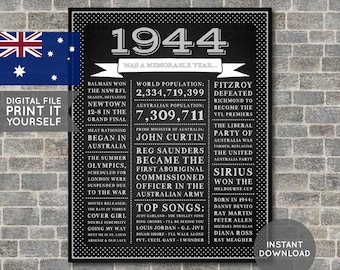 Australian - 80th Birthday Poster, 1944 Poster, 1944 Birthday, Chalkboard, 80 Years Ago, 80th Birthday Gift, Digital Printable File
