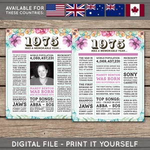 50th Birthday Poster, 50th Newspaper Poster, 50th Birthday Sign, 1975 Poster, 1975 Facts, Back in 1975, PRINTABLE - DIGITAL FILE