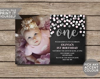 DIGITAL FILE - First Birthday Invite Invitation - Pink & Silver Glitter Confetti Chalkboard - DIY - Print Yourself