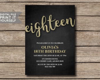 DIGITAL FILE - Glitter & Chalkboard Birthday Party Invitation, Invite, 18th, 21st, 30th, 40th, 50th, 60th, Milestone - Print it Yourself