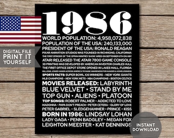 USA - 40th Birthday Poster, 1986 Poster, 1986 Birthday, Newspaper, 40 Years Ago, 40th Birthday Gift, Digital Printable File