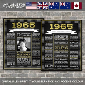 Póster del 60.° cumpleaños, póster de pizarra del 60.° cumpleaños, cartel del 60.° cumpleaños, póster de 1965, datos de 1965, en 1965, IMPRIMIBLE - ARCHIVO DIGITAL